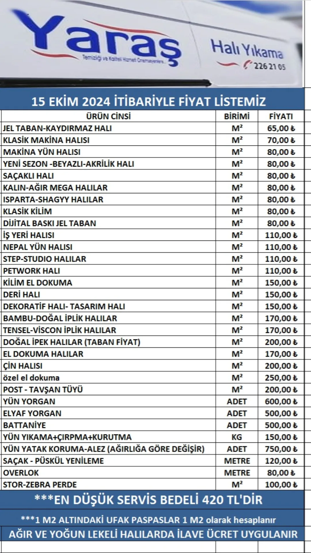 Yaraş Halı Yıkama Fiyat Listesi